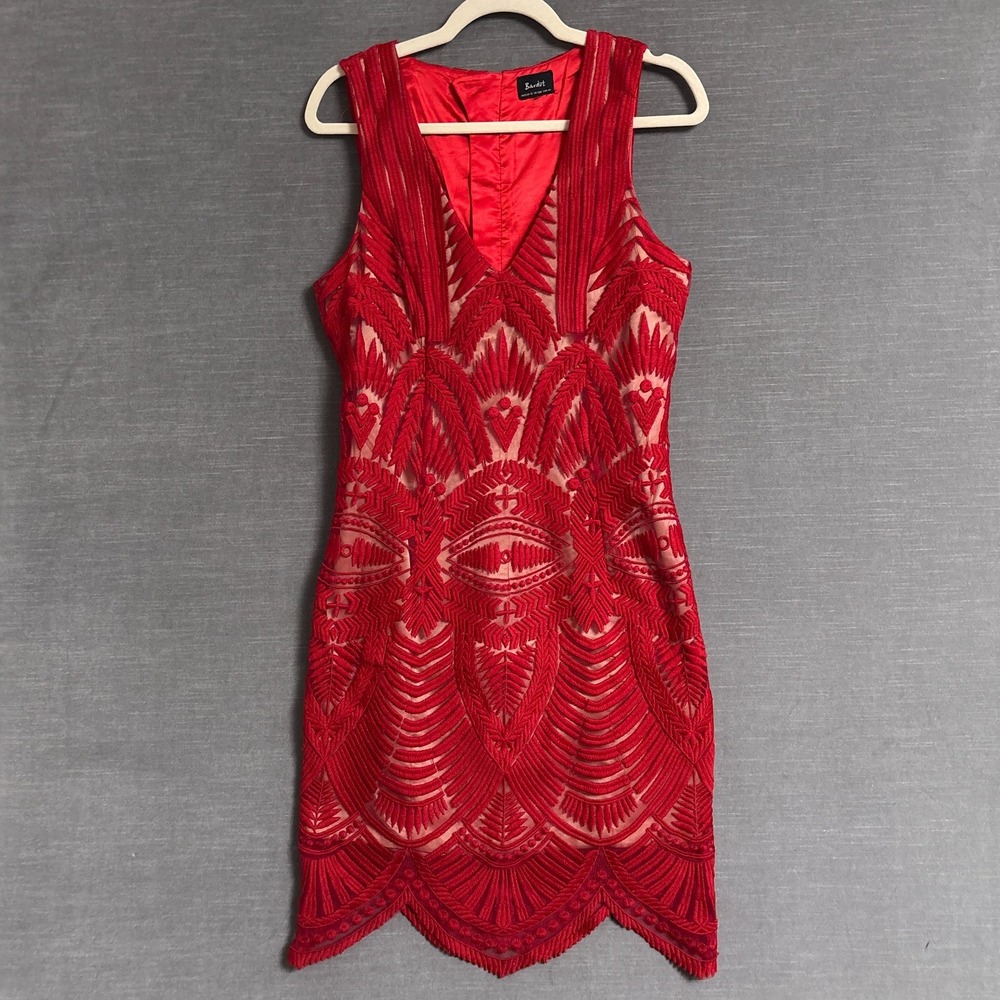 Bardot Dress 8 M Red Lace Stretch Cocktail Formal Holiday‎ Christmas Deco Boho